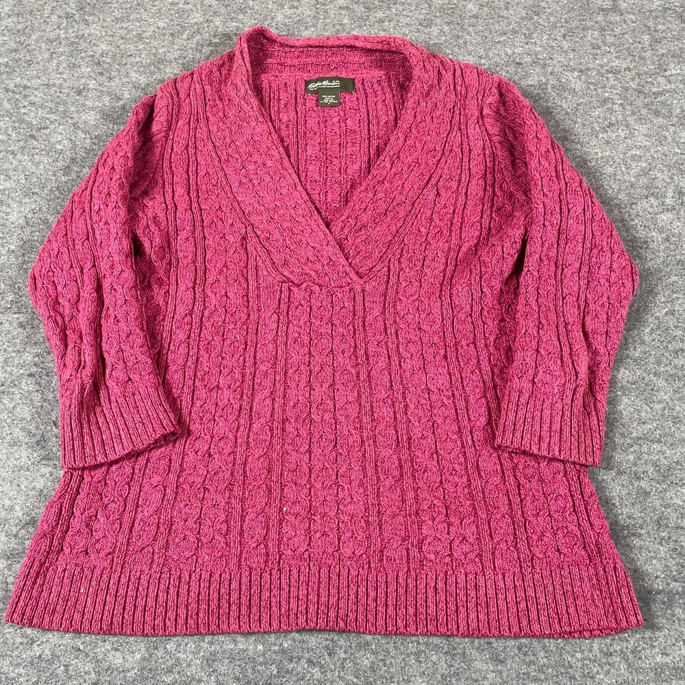 Eddie Bauer Sweater Womens Medium Purple Cable Knit Heavyweight V Neck Cotton